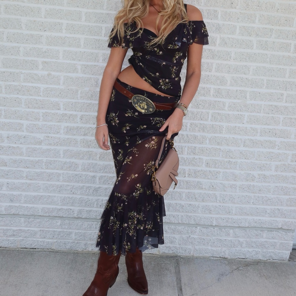 Zara Black and Green Ruffled Midi Skirt